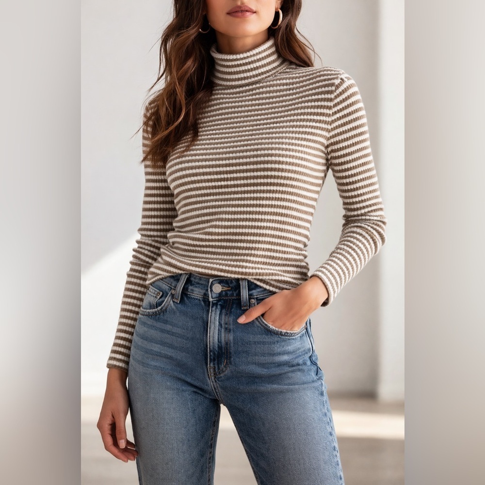 350. Beige & White Striped Turtleneck Top